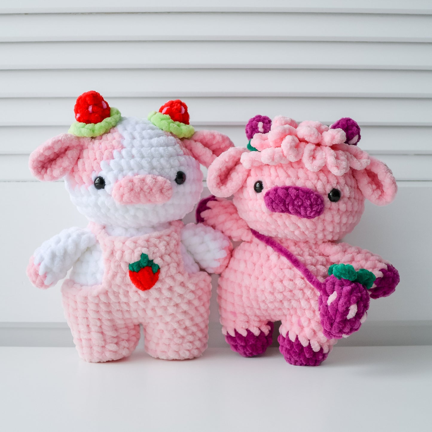 10-in-1 Fruit Cows Crochet Pattern Bundle (Amigurumi Highland Cow Overall Dungaree Cow Strawberry Grape Banana Blueberry Cherry Blossom)