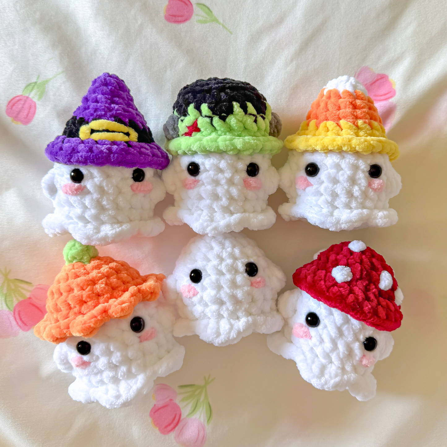 6 in 1 No Sew Ghost Crochet Pattern | Halloween Amigurumi PDF | Mini Ghost on a Swing with Mushroom, Pumpkin, Candy Corn, Zombie & Witch Hat