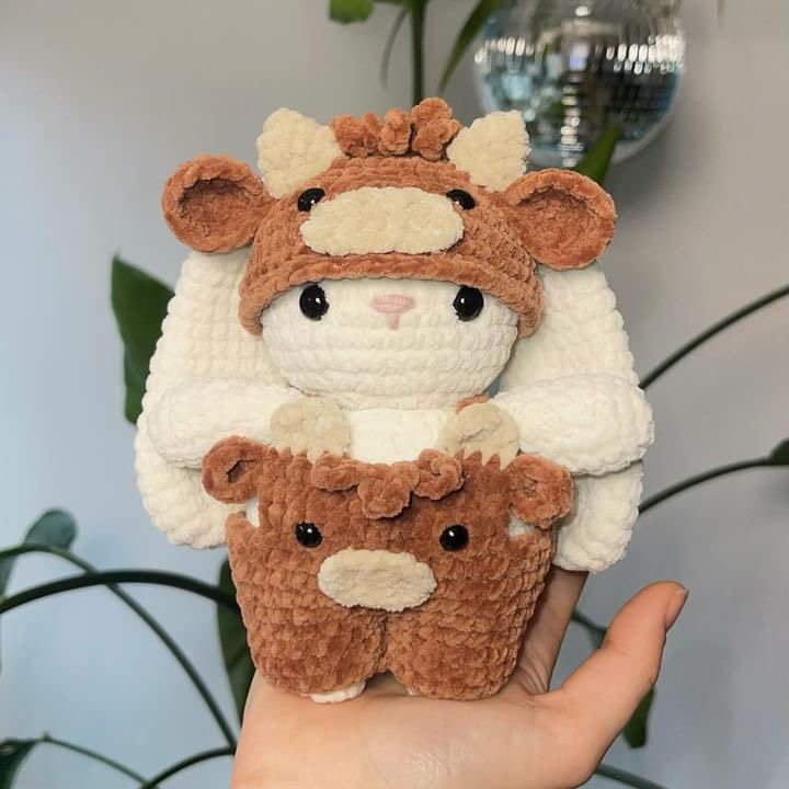 Crochet Bunny in a Highland Cow Outfit Amigurumi Pattern - Overalls and Hat Included