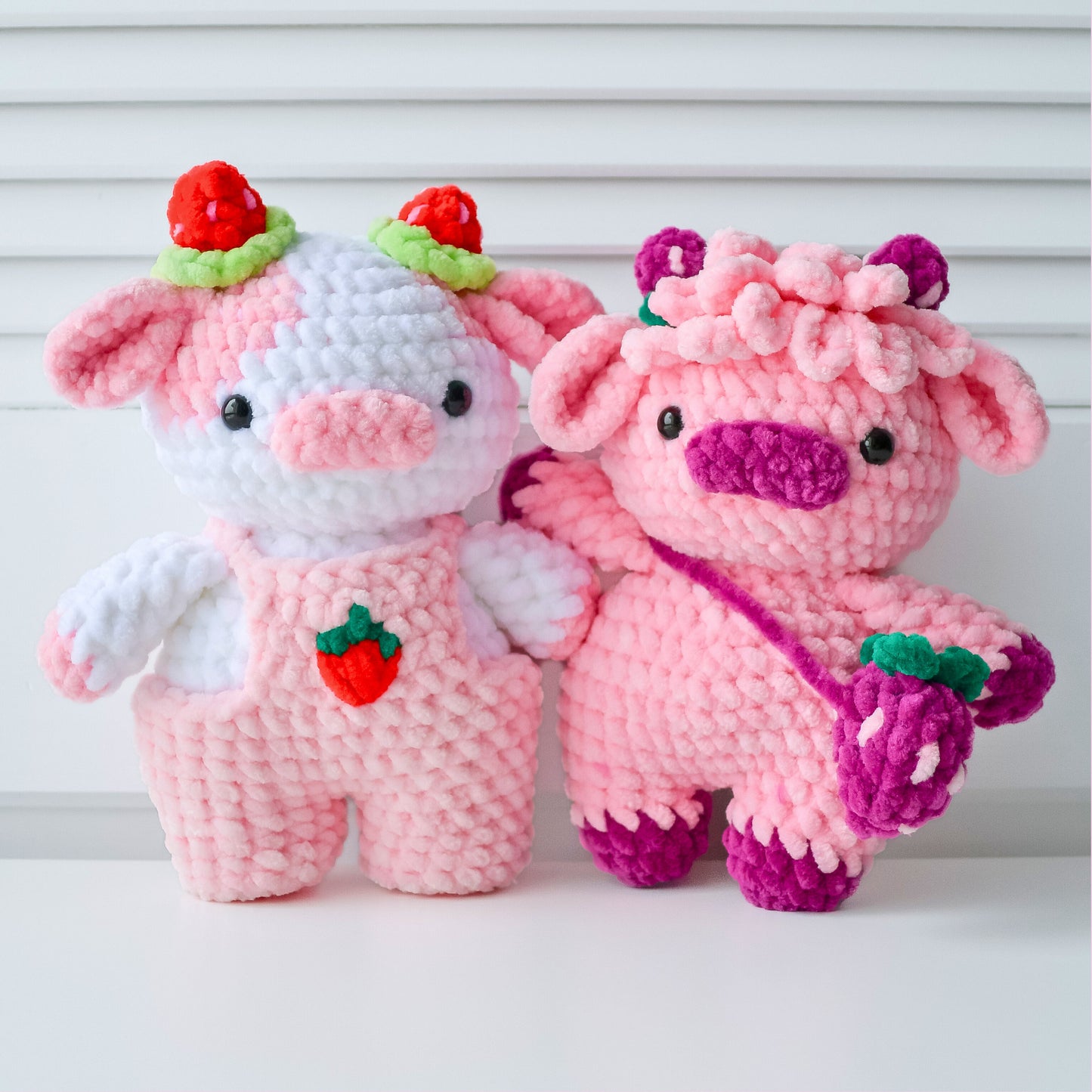 2-in-1 Strawberry Cows Crochet Pattern Bundle (Amigurumi Highland Cow Overall Dungaree Cow)