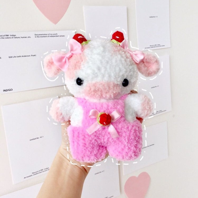 2-in-1 Strawberry Cows Crochet Pattern Bundle (Amigurumi Highland Cow Overall Dungaree Cow)