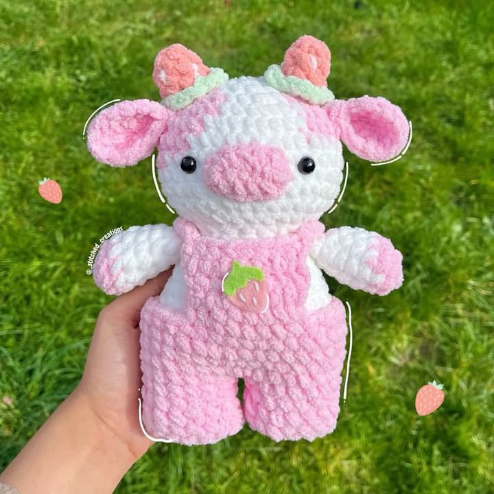 2-in-1 Strawberry Cows Crochet Pattern Bundle (Amigurumi Highland Cow Overall Dungaree Cow)