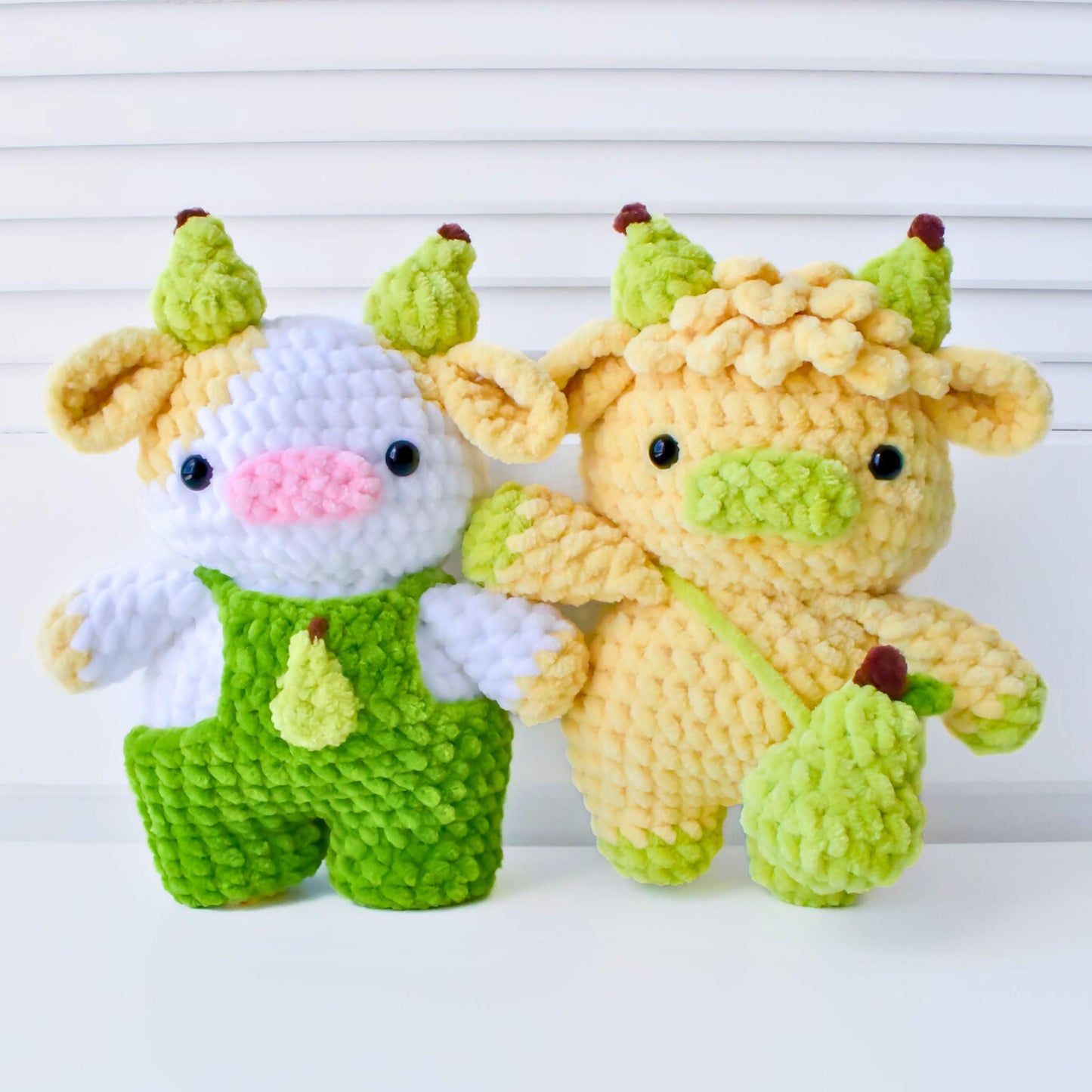 10-in-1 Fruit Cows Crochet Pattern Bundle (Amigurumi Highland Cow Overall Dungaree Cow Peach Watermelon Apple Pear Lemon Lime)