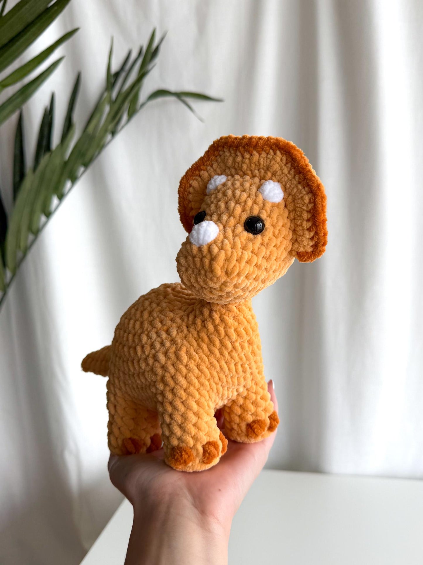 Handmade Crochet Orange Dinosaur Triceratops Amigurumi Plushie