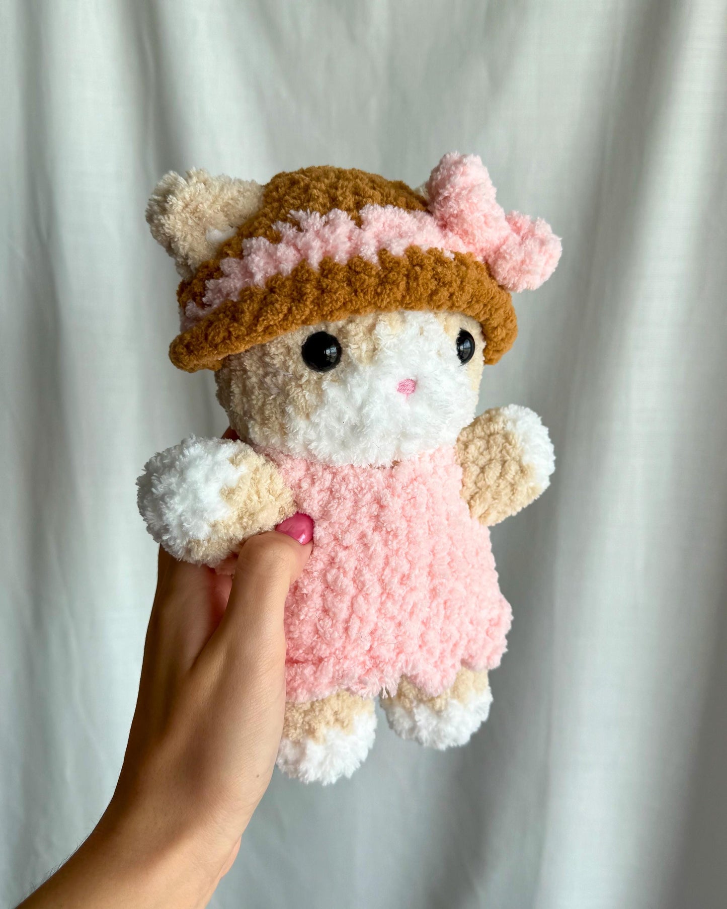 Handmade Crochet Cat Plushie in a Removable Pink Outfit