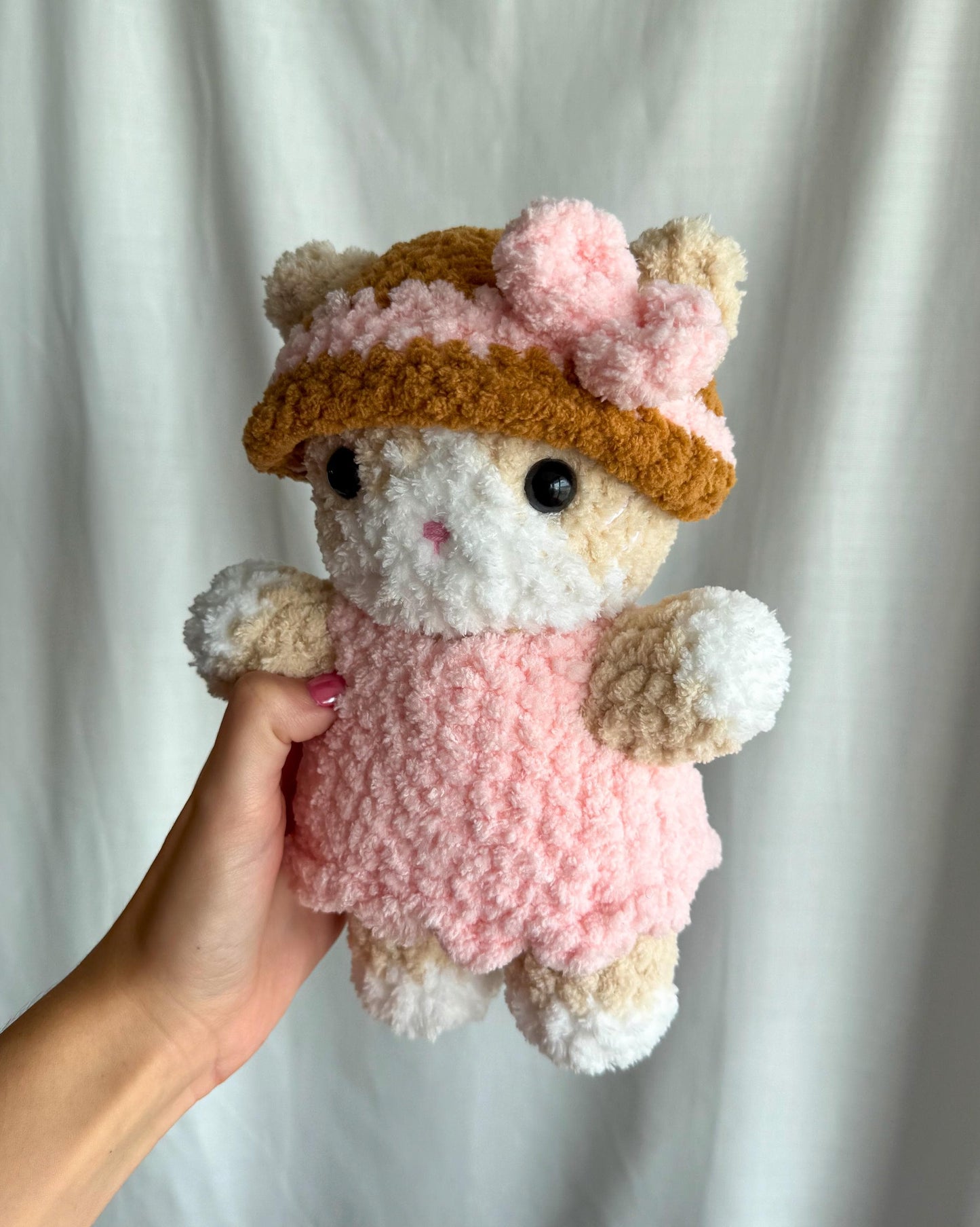 Handmade Crochet Cat Plushie in a Removable Pink Outfit