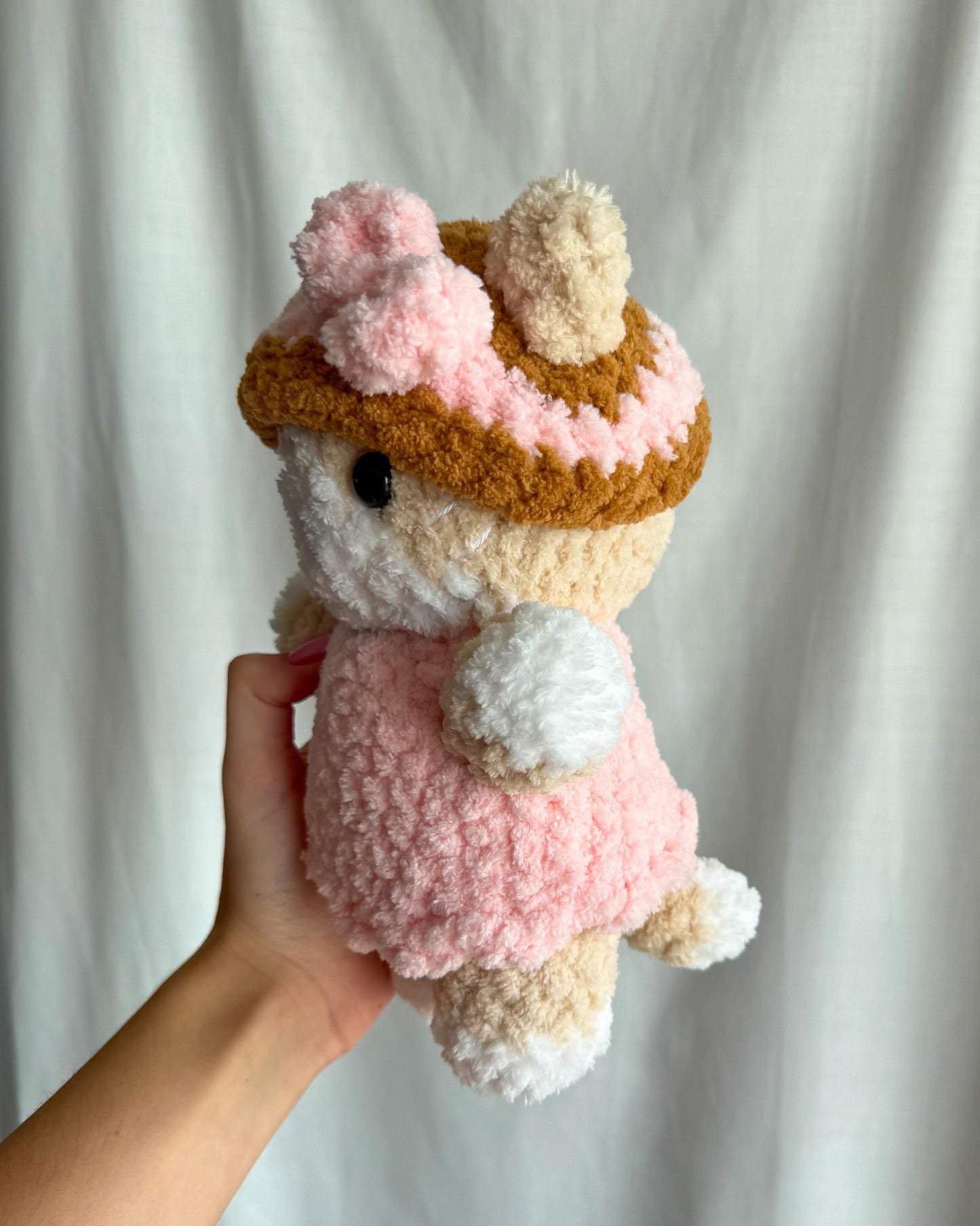 Handmade Crochet Cat Plushie in a Removable Pink Outfit