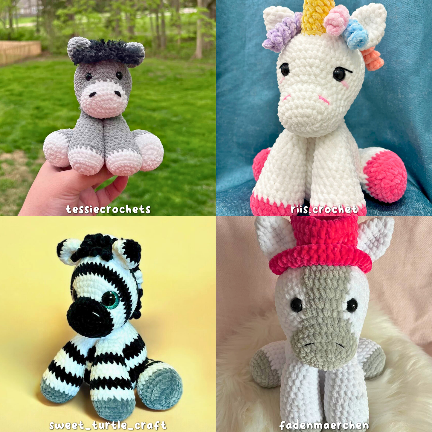 Crochet 4 in 1 Pattern Bundle – Horse, Donkey, Zebra, Unicorn – Digital Amigurumi PDF Pattern