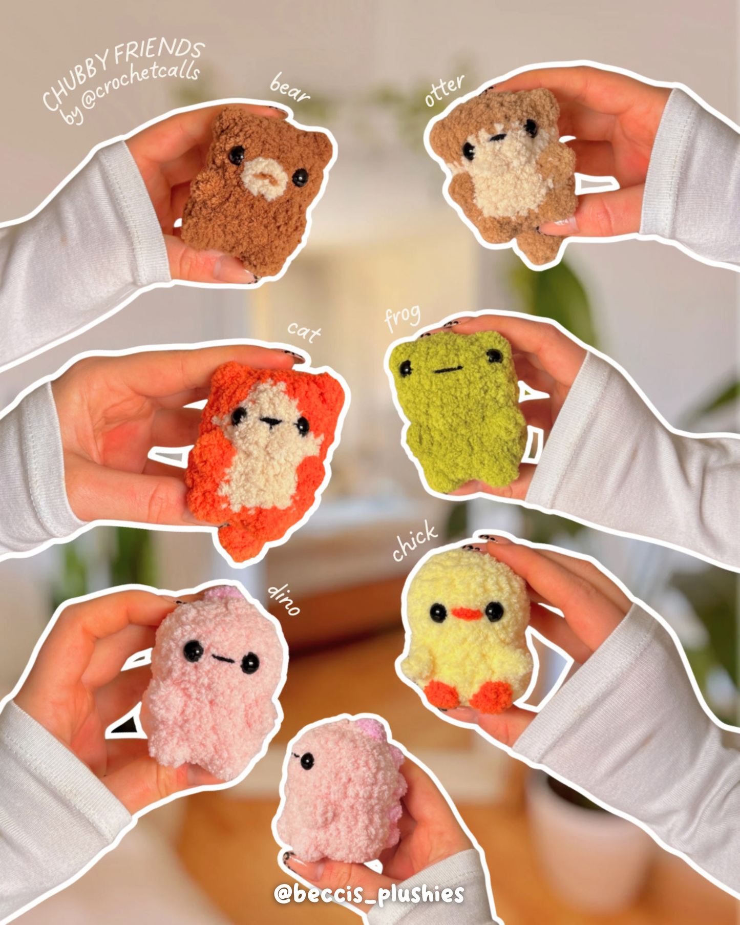 Chubby Friends Crochet Pattern | No Sew 6 in 1 Crochet Amigurumi PDF (Bear, Cat, Chick, Frog, Dino, Otter)
