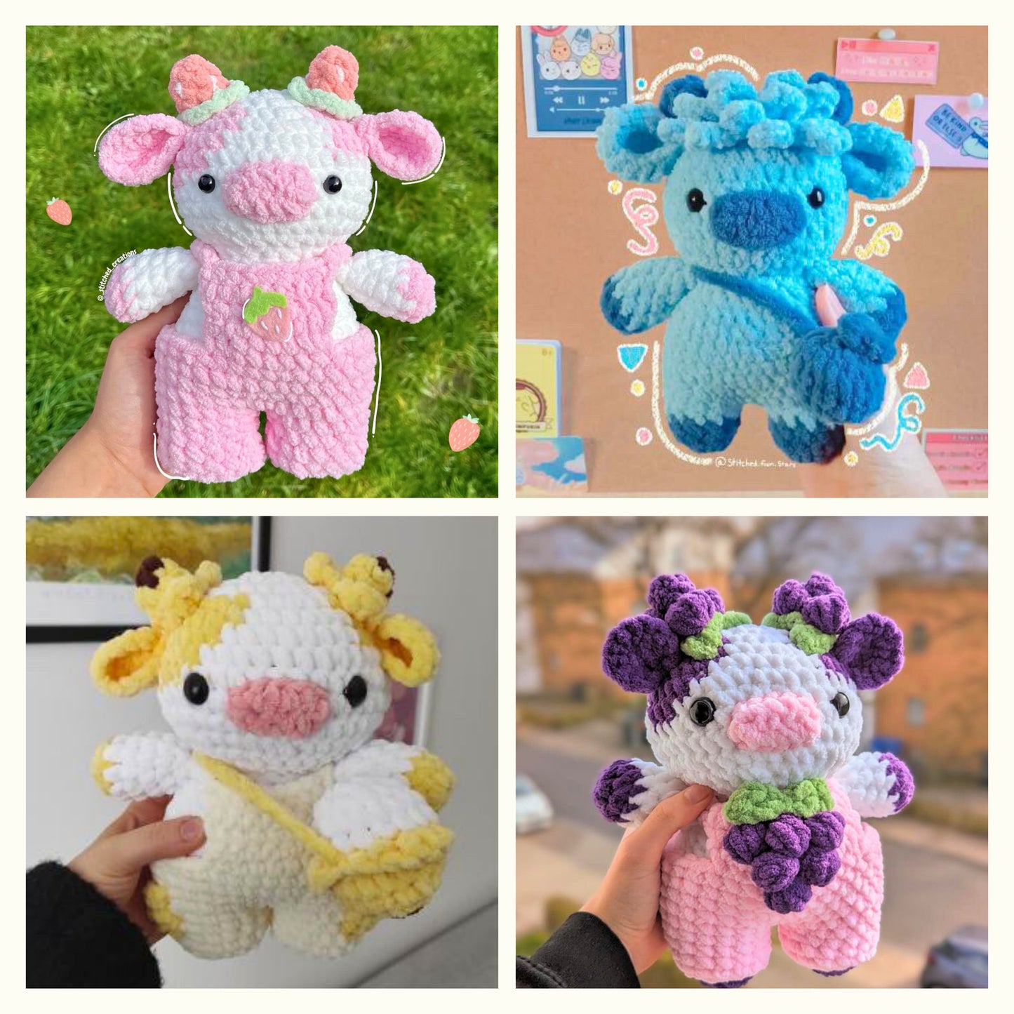 10-in-1 Fruit Cows Crochet Pattern Bundle (Amigurumi Highland Cow Overall Dungaree Cow Strawberry Grape Banana Blueberry Cherry Blossom)