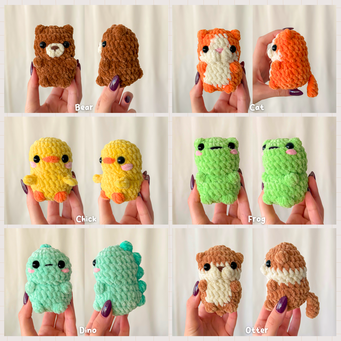 Chubby Friends Crochet Pattern | No Sew 6 in 1 Crochet Amigurumi PDF (Bear, Cat, Chick, Frog, Dino, Otter)