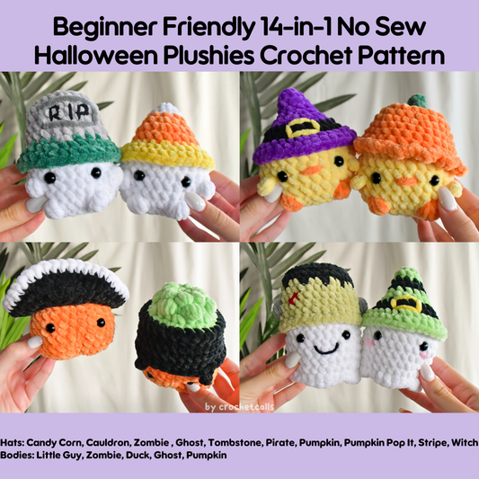 14 in 1 NO SEW Halloween Spooky Squish Balls Crochet Pattern Bundle (Pumpkin Ghost Zombie Witch Cauldron CandyCorn Chick) Beginner Friendly