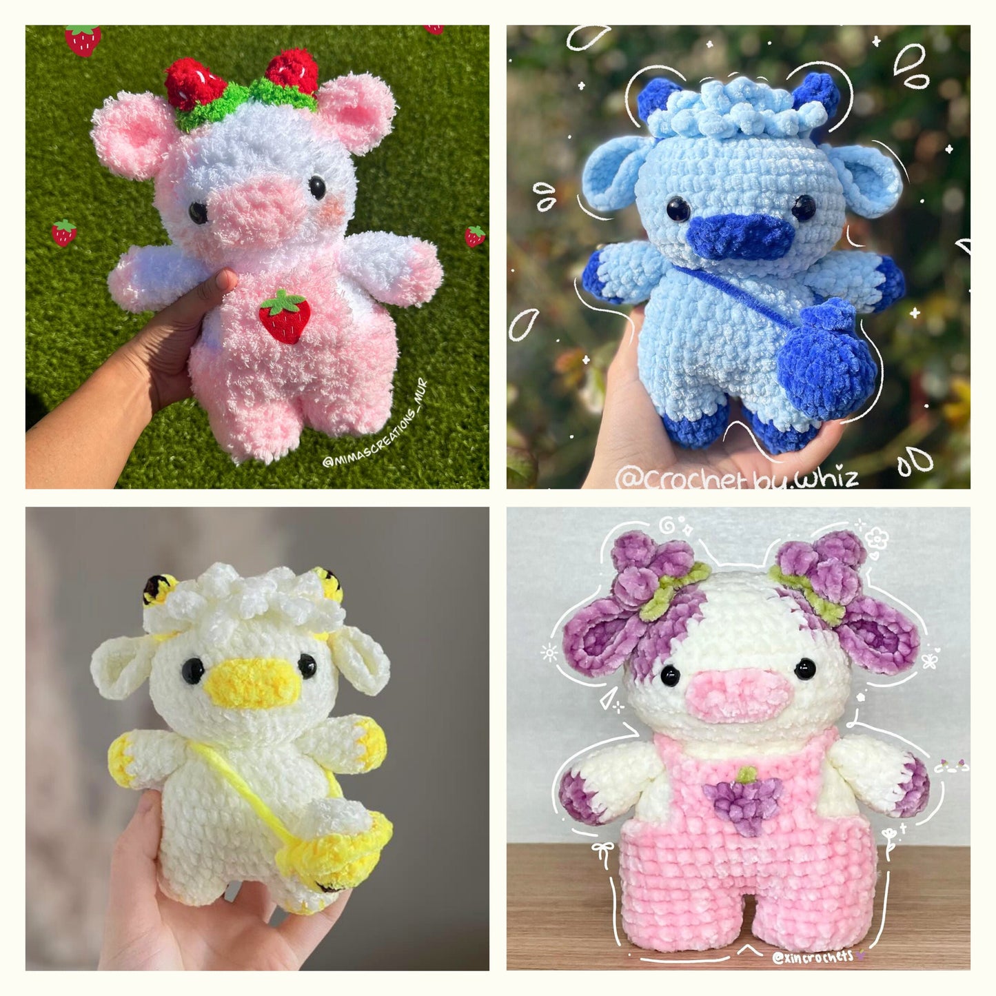 10-in-1 Fruit Cows Crochet Pattern Bundle (Amigurumi Highland Cow Overall Dungaree Cow Strawberry Grape Banana Blueberry Cherry Blossom)