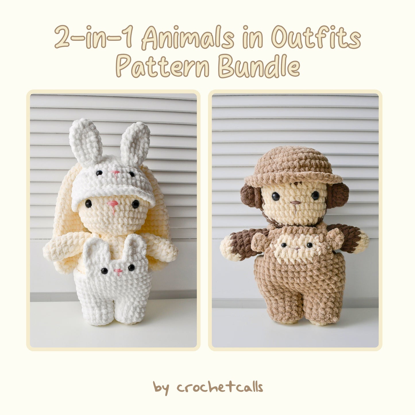 2-in-1 Crochet Bunny and Monkey with Hat and Overalls Pattern Bundle