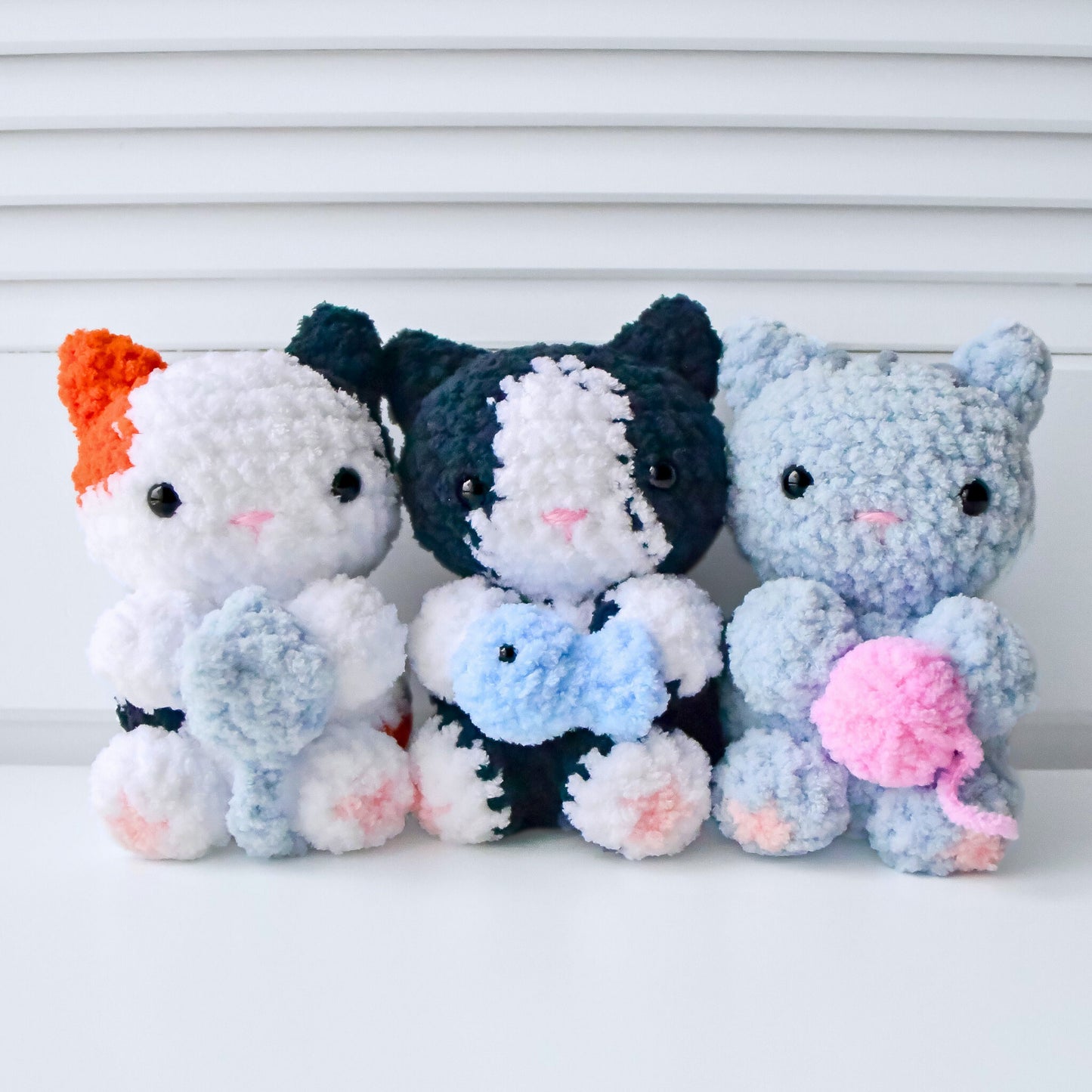 3-in-1 Crochet Cat Pattern Bundle, Amigurumi Tuxedo Calico Kitten with Fish Mouse Yarn Accessory