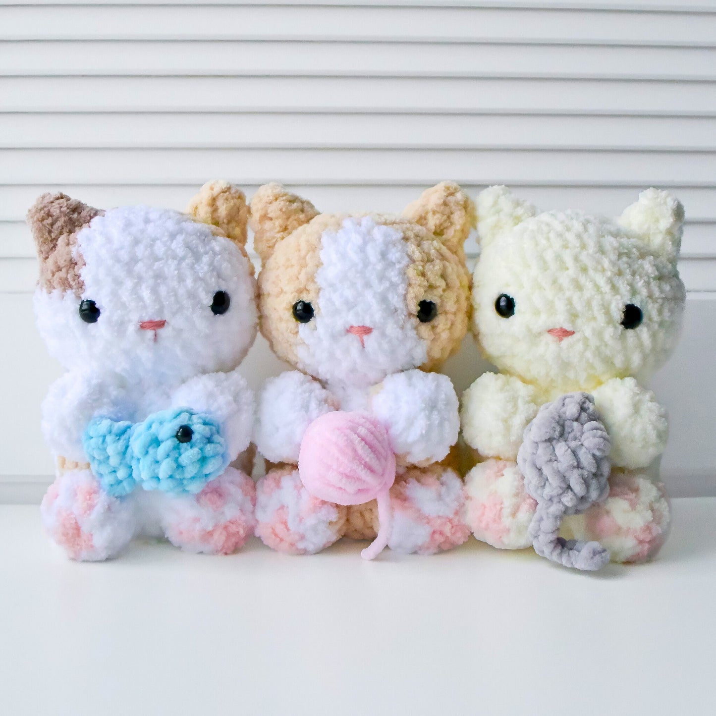 3-in-1 Crochet Cat Pattern Bundle, Amigurumi Tuxedo Calico Kitten with Fish Mouse Yarn Accessory