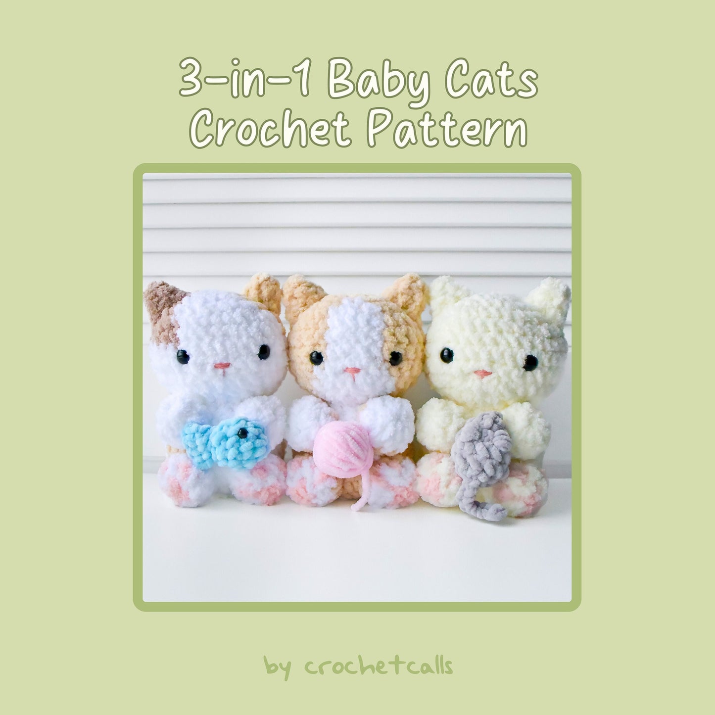 3-in-1 Crochet Cat Pattern Bundle, Amigurumi Tuxedo Calico Kitten with Fish Mouse Yarn Accessory