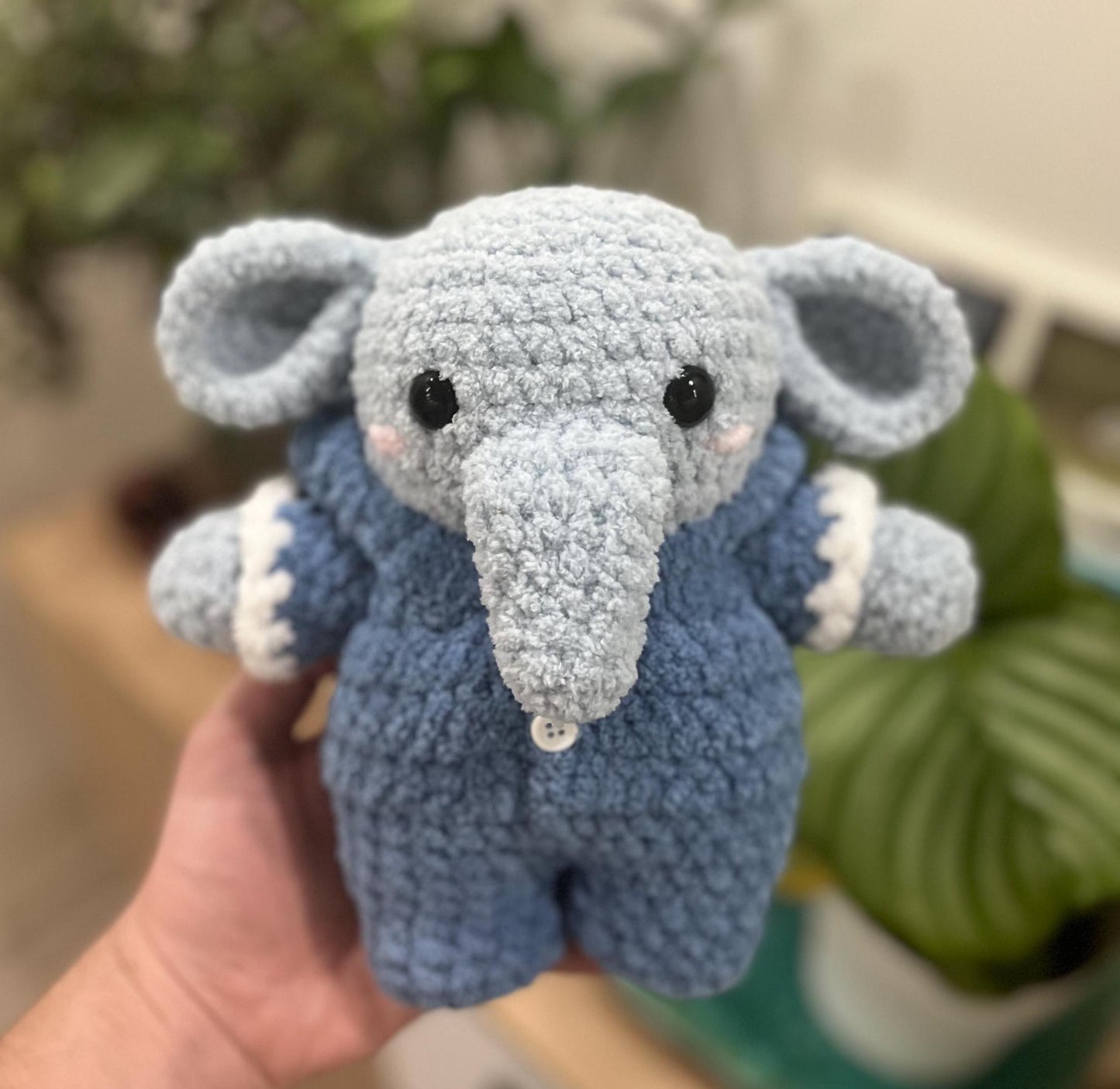Crochet Elephant in Pajamas Pattern (Amigurumi Plushie with One Piece Bodysuit Clothing)