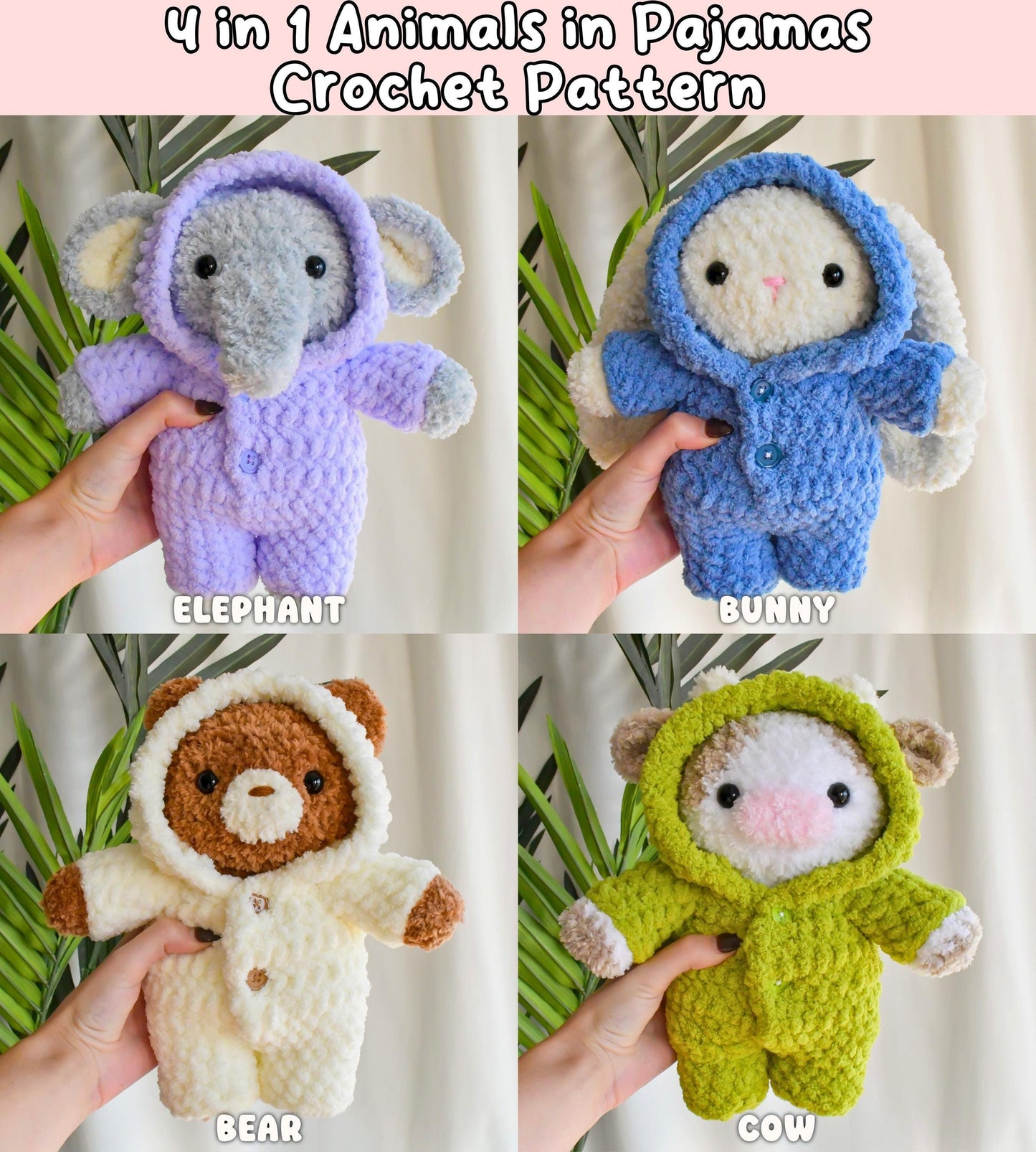 4 in 1 Animals in Pajamas Crochet Pattern Bundle (Amigurumi Elephant, Bear, Cow, Bunny in One Piece Bodysuit Button Up PJS)