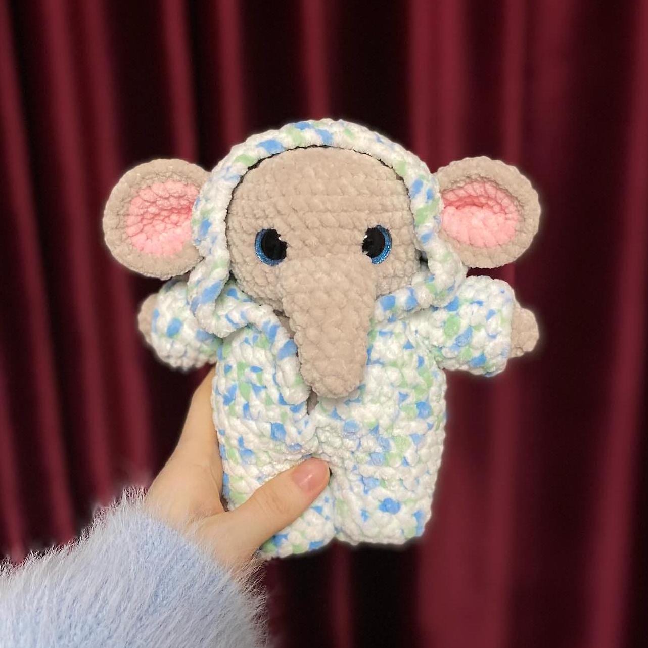 Crochet Elephant in Pajamas Pattern (Amigurumi Plushie with One Piece Bodysuit Clothing)