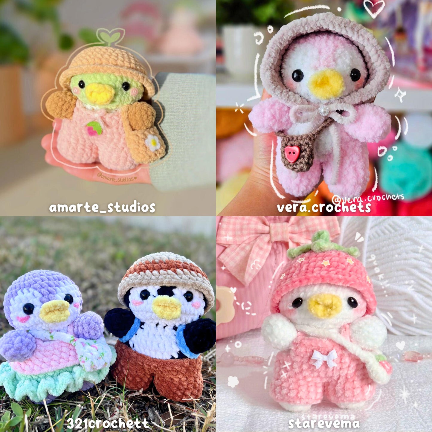 Crochet Birds Pattern Bundle – Duck, Mallard & Penguin with Clothes, Hats, and Bags – Digital Amigurumi PDF Pattern, Mix and Match Outfits
