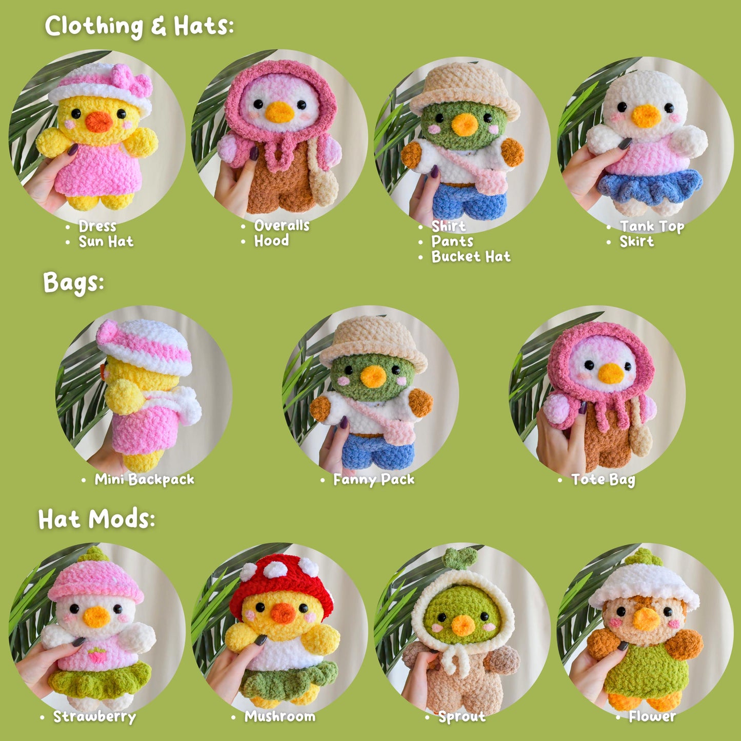 Crochet Birds Pattern Bundle – Duck, Mallard & Penguin with Clothes, Hats, and Bags – Digital Amigurumi PDF Pattern, Mix and Match Outfits