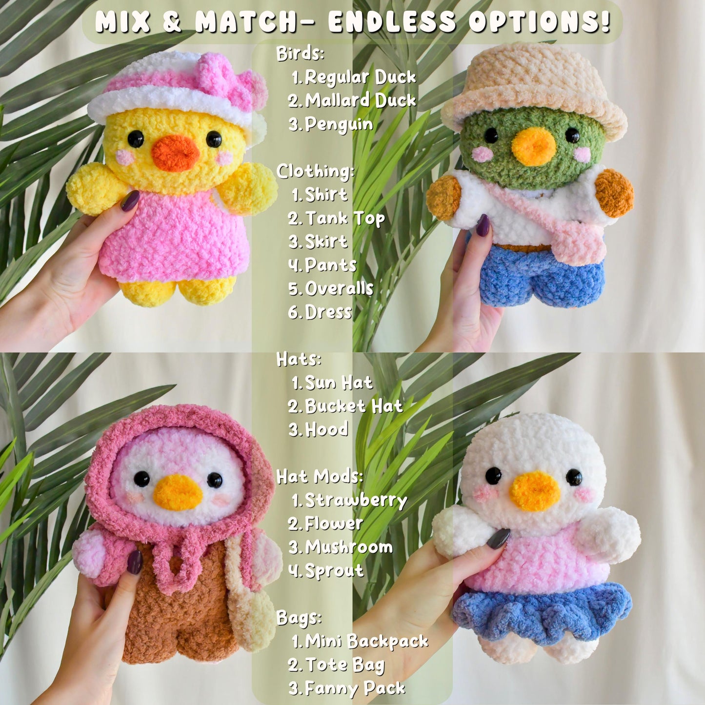 Crochet Birds Pattern Bundle – Duck, Mallard & Penguin with Clothes, Hats, and Bags – Digital Amigurumi PDF Pattern, Mix and Match Outfits