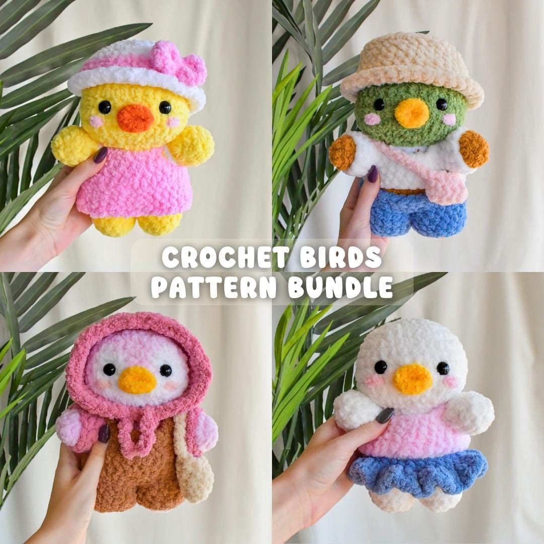 Crochet Birds Pattern Bundle – Duck, Mallard & Penguin with Clothes, Hats, and Bags – Digital Amigurumi PDF Pattern, Mix and Match Outfits