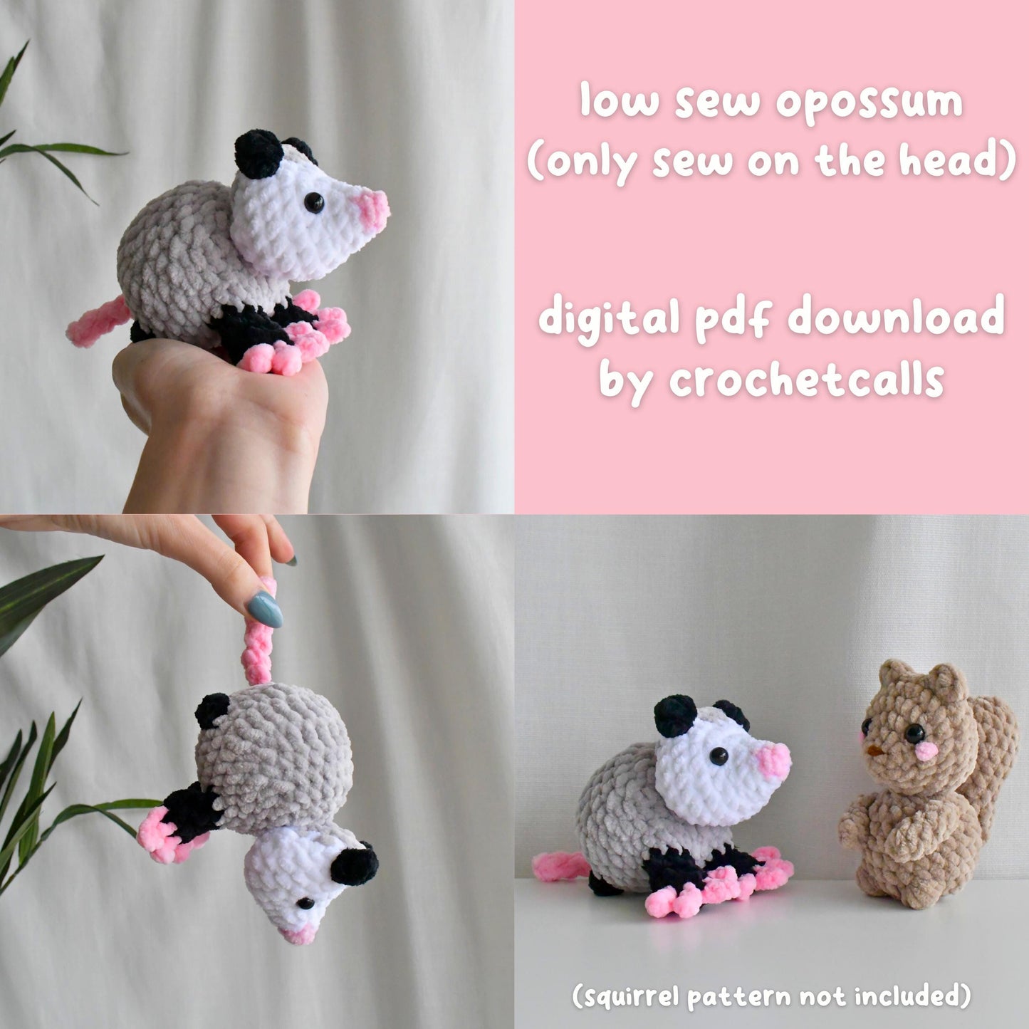 Crochet Low Sew Opossum Plushie Pattern, Beginner-Friendly Amigurumi, CrochetCalls Critters