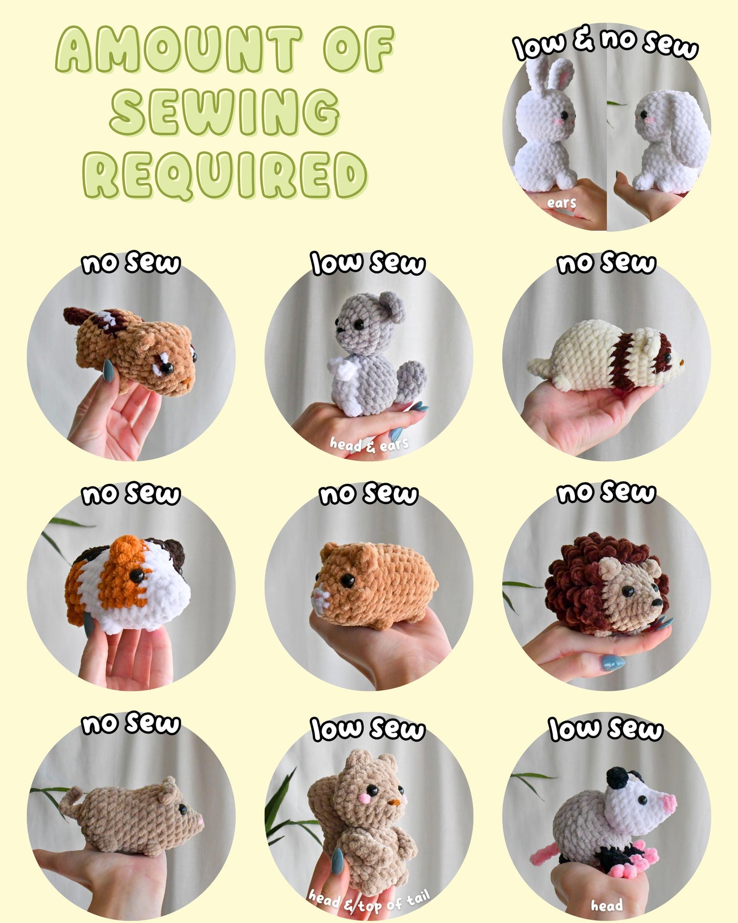 Crochet Critters Pattern Bundle – No & Low Sew Squirrel, Opossum, Mouse, Hedgehog, Hamster, Guinea Pig, Ferret, Chinchilla, Chipmunk, Bunny