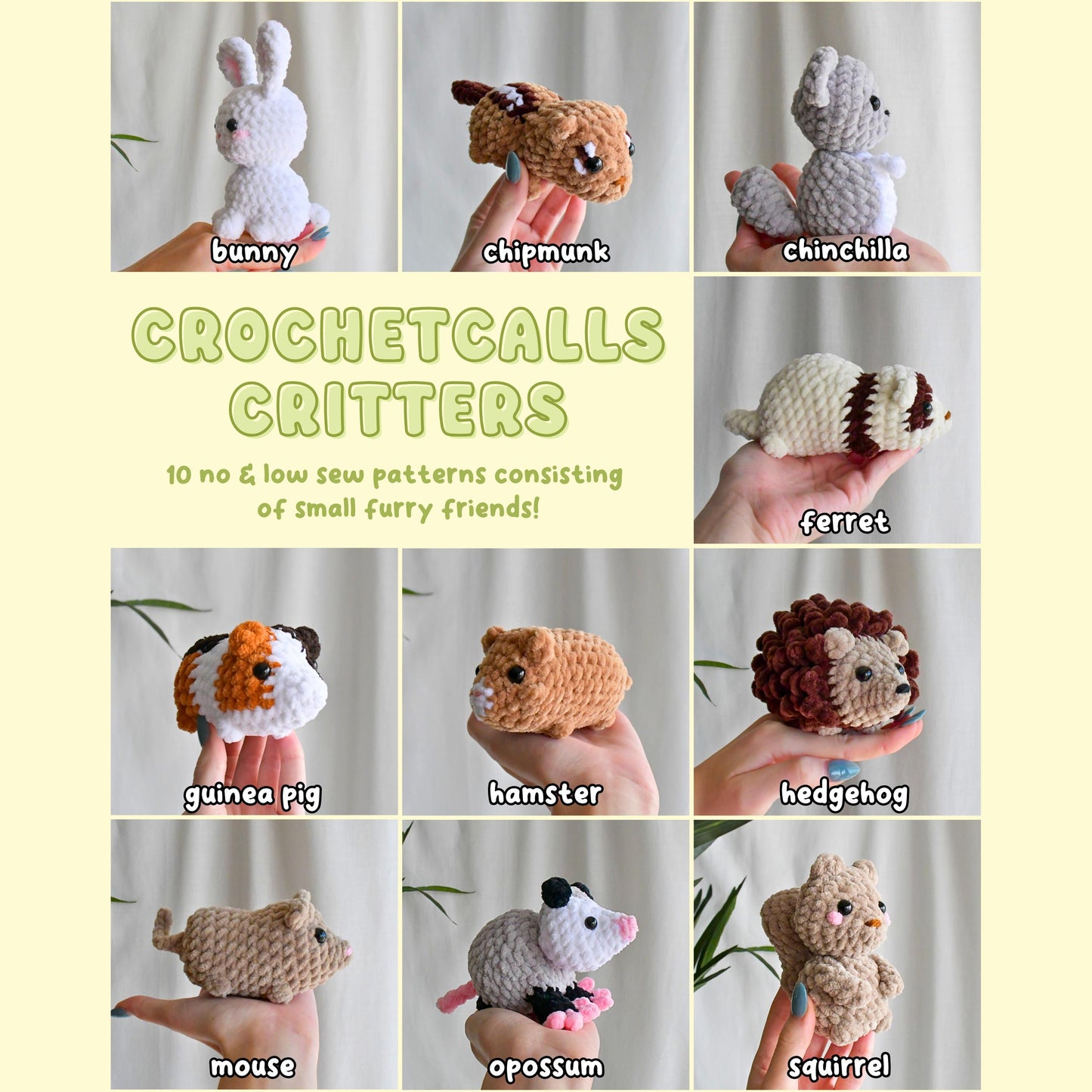 Crochet Critters Pattern Bundle – No & Low Sew Squirrel, Opossum, Mouse, Hedgehog, Hamster, Guinea Pig, Ferret, Chinchilla, Chipmunk, Bunny