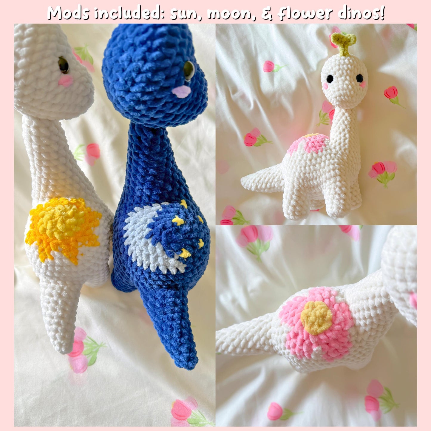 Brontosaurus Crochet Pattern: Plushie Dinosaur with Sun, Moon, Flower Mods (PDF Pattern)