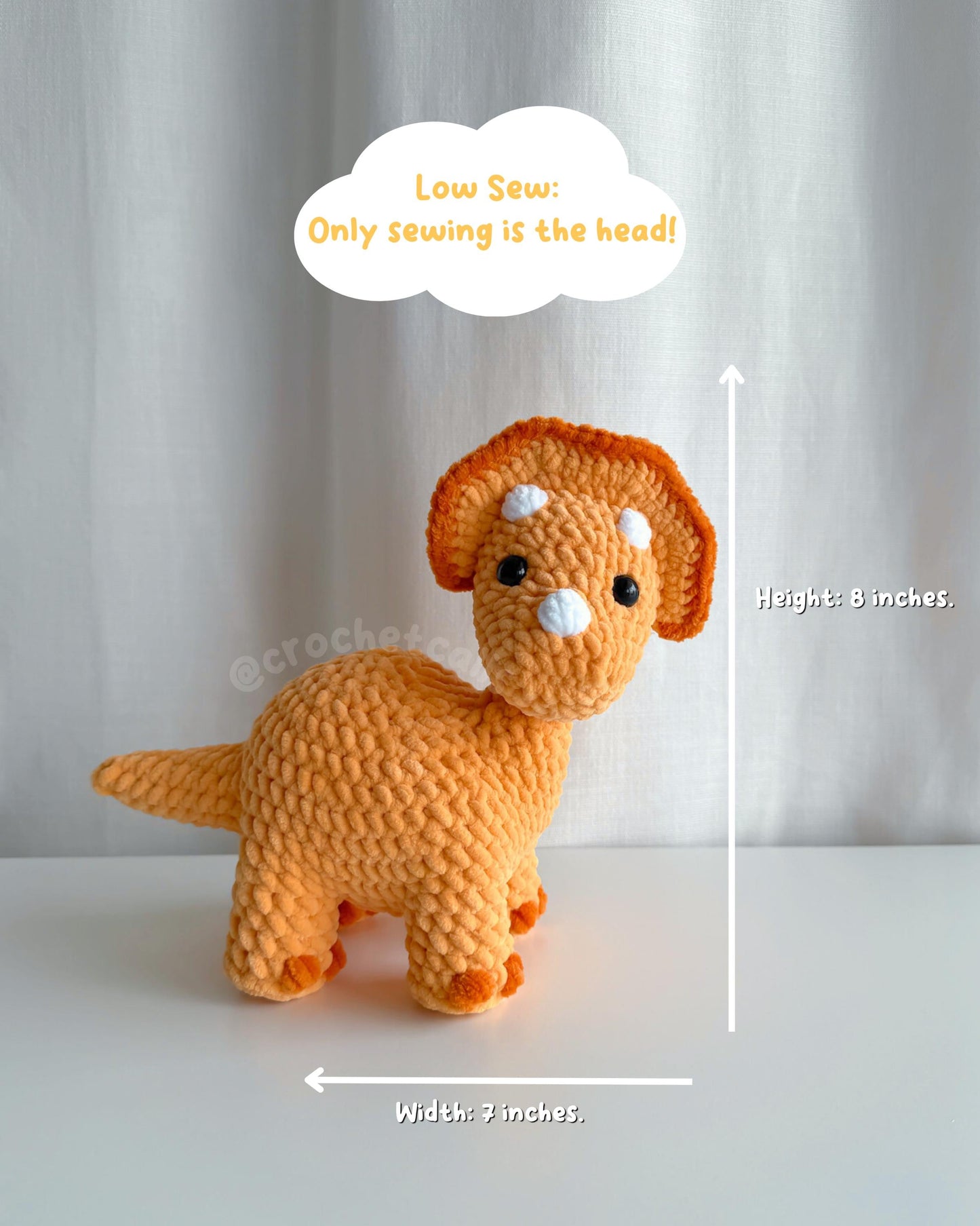 Triceratops Crochet Pattern, Low Sew Amigurumi Dinosaur Plushie (PDF)