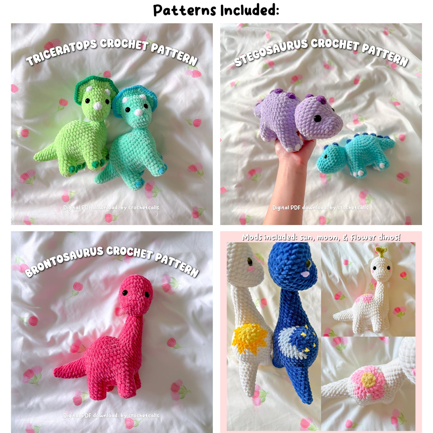 3 in 1 Dinosaur Crochet Pattern Bundle PDF Includes Brontosaurus Stegosaurus and Triceratops Plushies Amigurumi Low Sew Digital Pattern