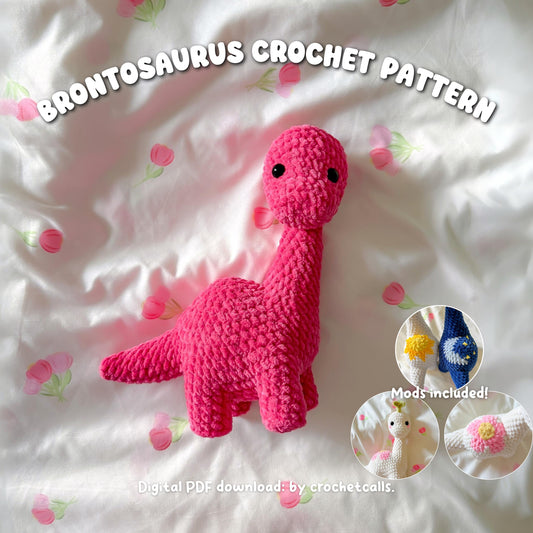 Brontosaurus Crochet Pattern: Plushie Dinosaur with Sun, Moon, Flower Mods (PDF Pattern)