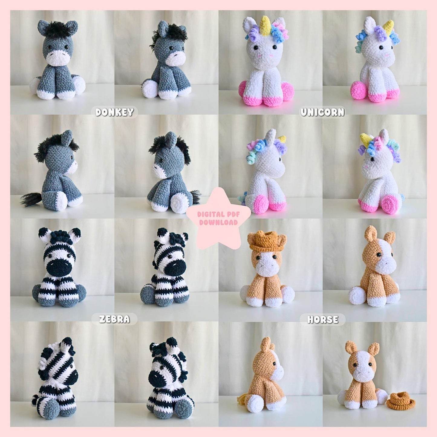 Crochet 4 in 1 Pattern Bundle – Horse, Donkey, Zebra, Unicorn – Digital Amigurumi PDF Pattern