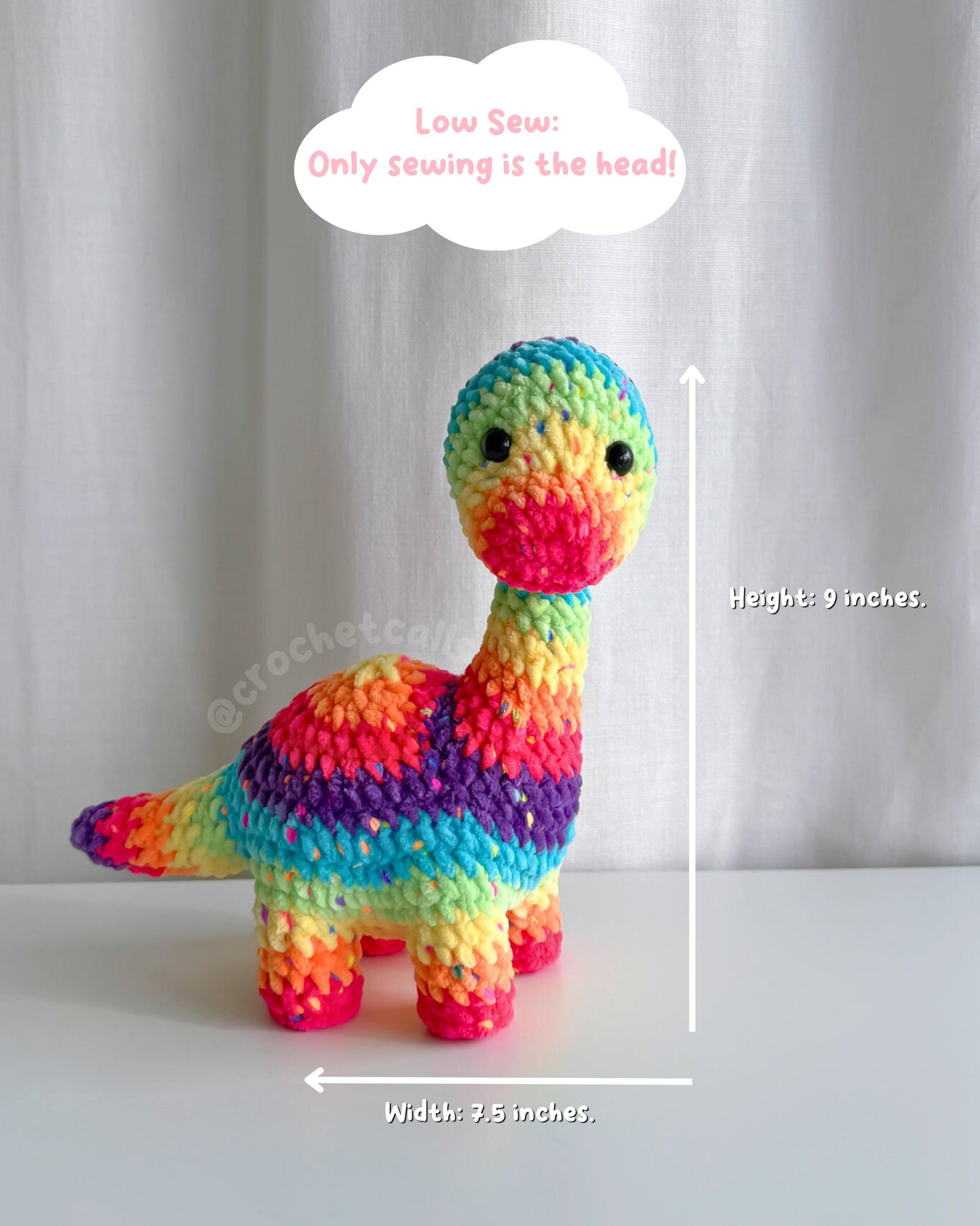 Brontosaurus Crochet Pattern: Plushie Dinosaur with Sun, Moon, Flower Mods (PDF Pattern)