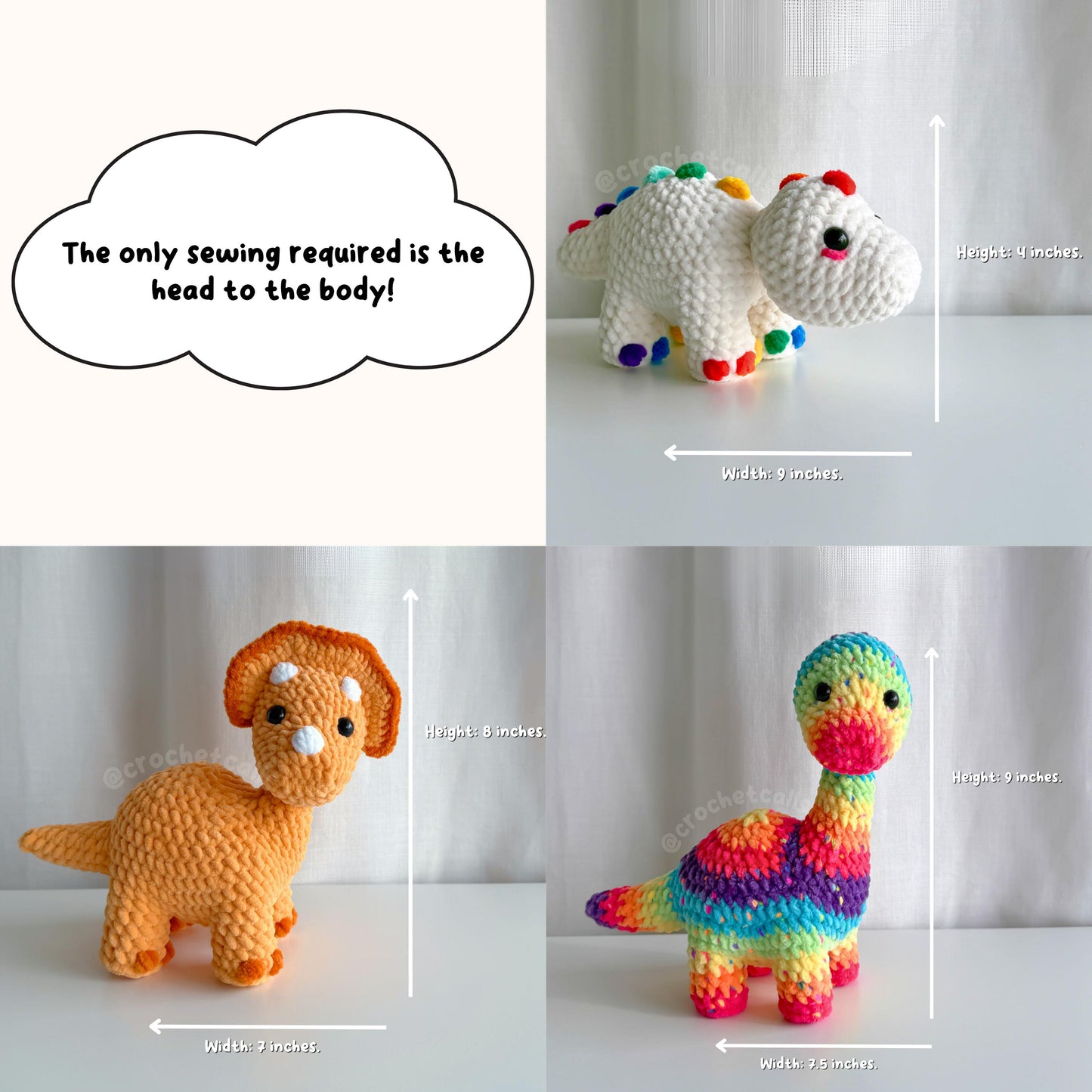 3 in 1 Dinosaur Crochet Pattern Bundle PDF Includes Brontosaurus Stegosaurus and Triceratops Plushies Amigurumi Low Sew Digital Pattern