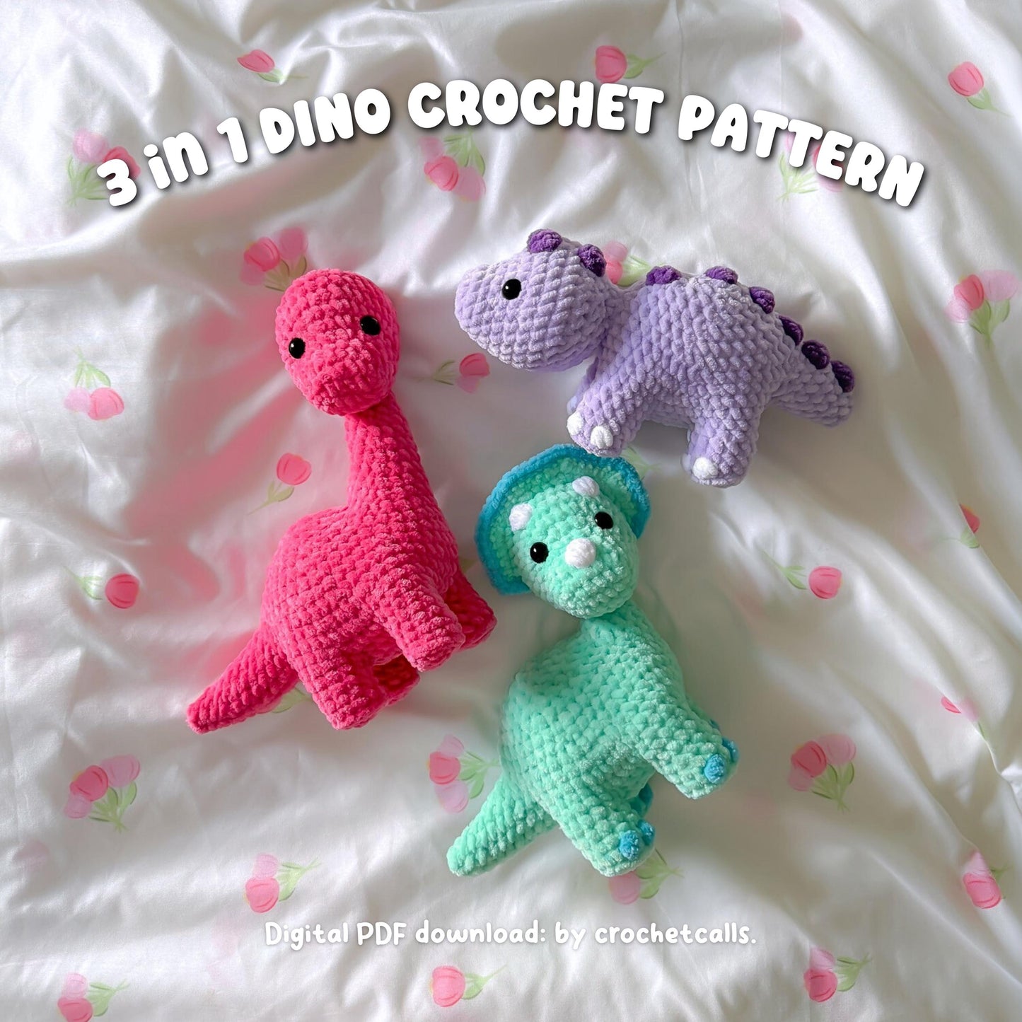 3 in 1 Dinosaur Crochet Pattern Bundle PDF Includes Brontosaurus Stegosaurus and Triceratops Plushies Amigurumi Low Sew Digital Pattern