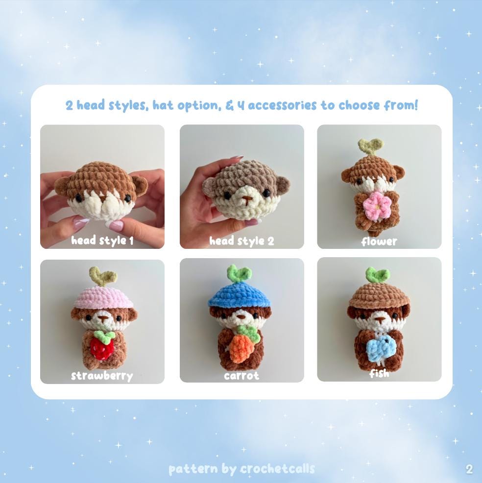Sprout Otter Crochet Pattern PDF, 2 Head Options + 5 Accessories