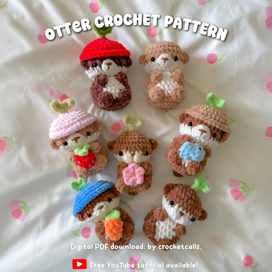 Sprout Otter Crochet Pattern PDF, 2 Head Options + 5 Accessories