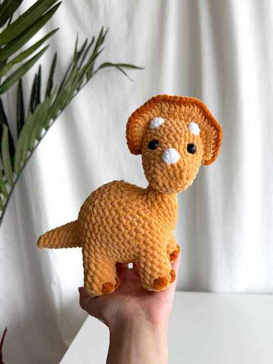 Handmade Crochet Orange Dinosaur Triceratops Amigurumi Plushie