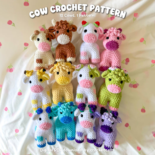 Standing Cow Crochet Pattern PDF - 12 in 1 Fruit + Highland Cows - Amigurumi Crochet Pattern, Instant Downlaod