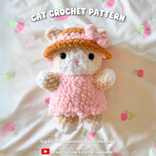 Summer Kitty Crochet Pattern PDF | Amigurumi Cat in Dress & Sunhat