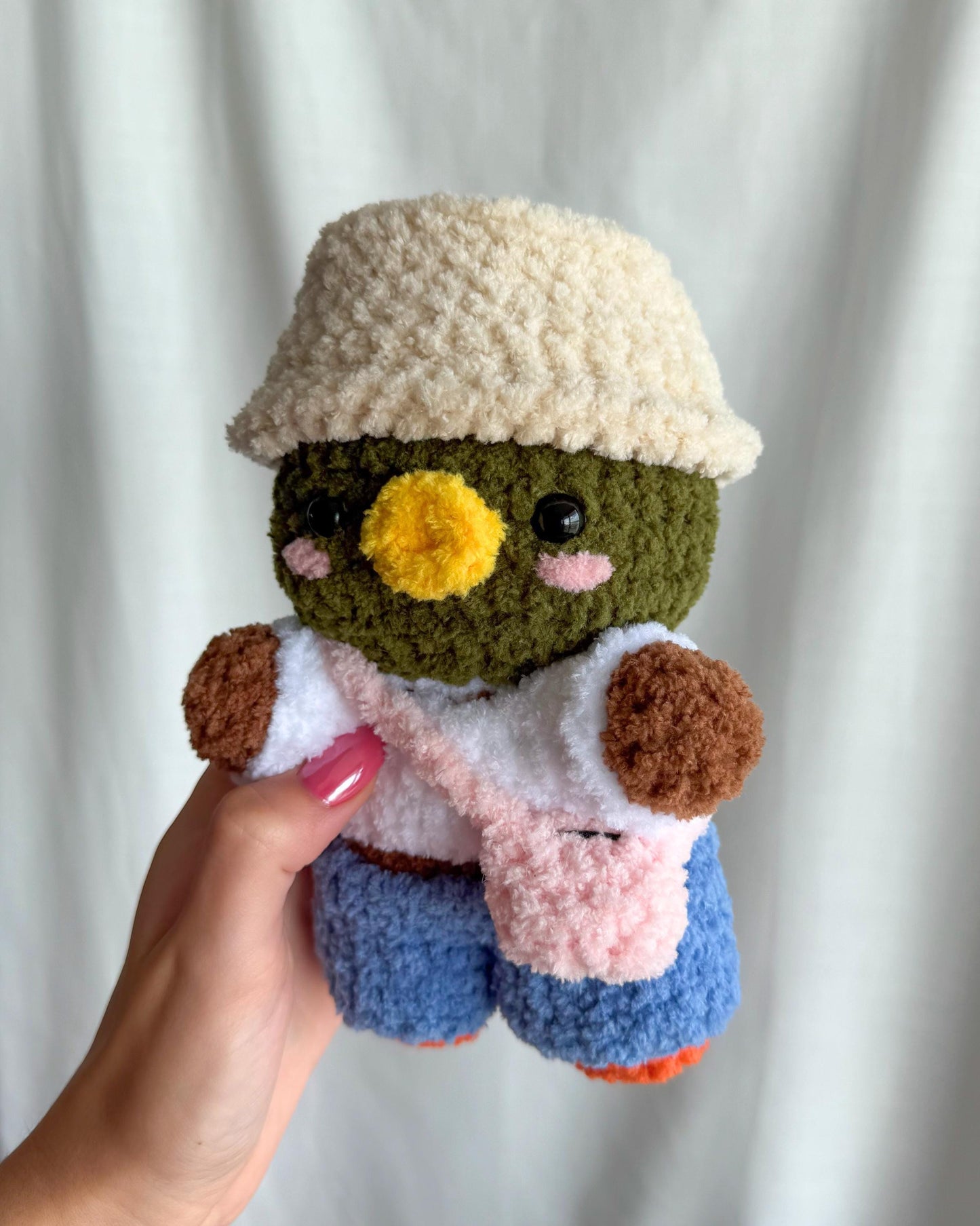 Handmade Crochet Mallard Duck Plushie in a Removable Bucket Hat Tee Shirt Jeans and Fanny Pack