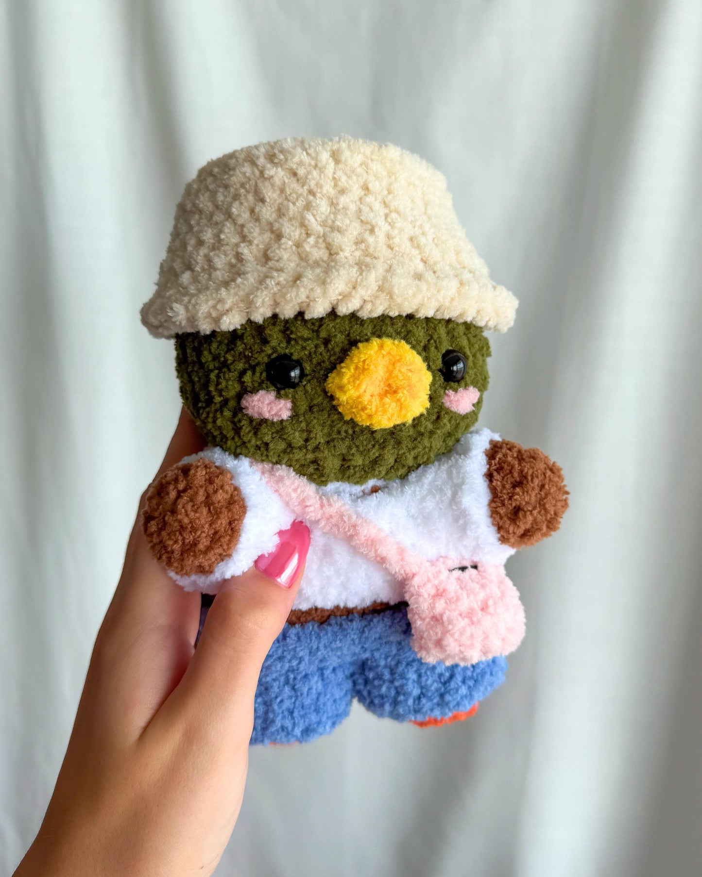 Handmade Crochet Mallard Duck Plushie in a Removable Bucket Hat Tee Shirt Jeans and Fanny Pack