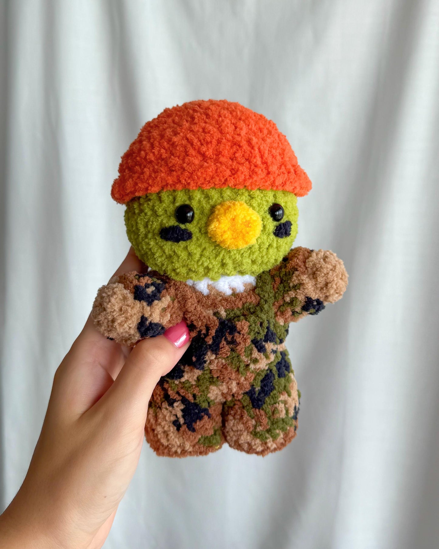 Handmade Crochet Mallard Duck Plushie in a Removable Camo Outfit and Orange Cap