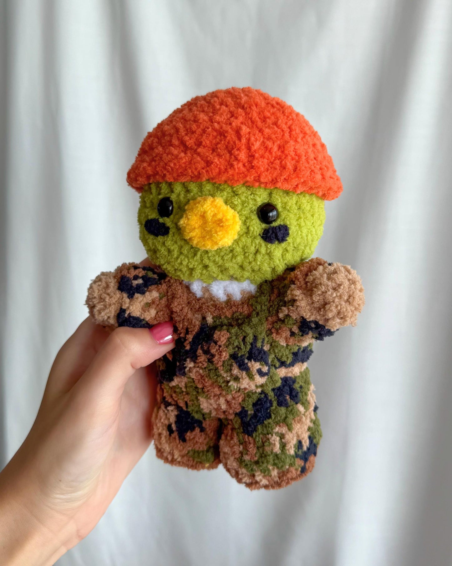 Handmade Crochet Mallard Duck Plushie in a Removable Camo Outfit and Orange Cap