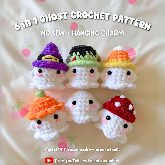 6 in 1 No Sew Ghost Crochet Pattern | Halloween Amigurumi PDF | Mini Ghost on a Swing with Mushroom, Pumpkin, Candy Corn, Zombie & Witch Hat