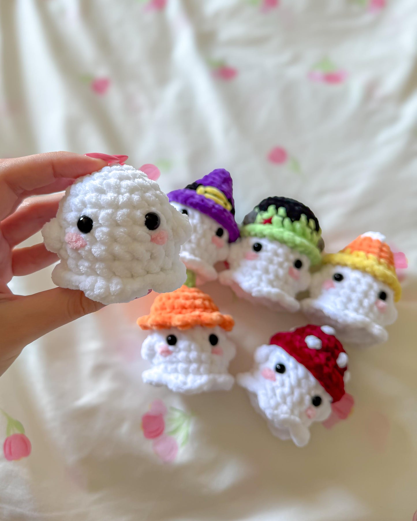 6 in 1 No Sew Ghost Crochet Pattern | Halloween Amigurumi PDF | Mini Ghost on a Swing with Mushroom, Pumpkin, Candy Corn, Zombie & Witch Hat